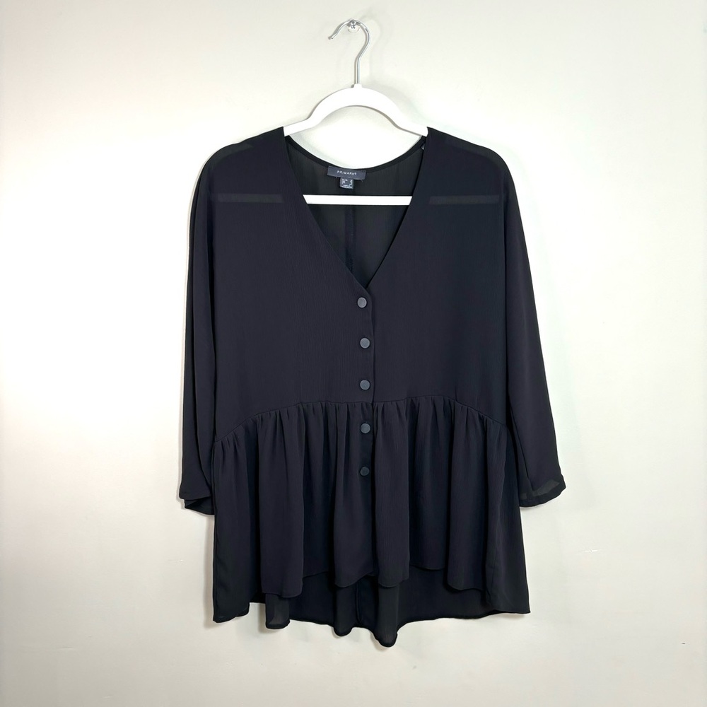 Black Semi-Sheer Crinkle Blouse Button Down V Neck Flowy Raglan Sleeve Sz 8 Boho